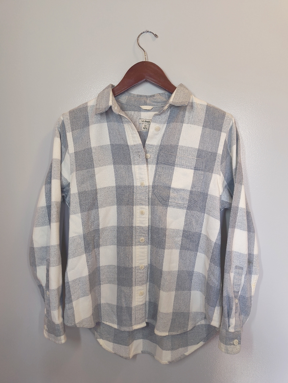 L.L. Bean Gray and White Buffalo Plaid Shirt, Size XS